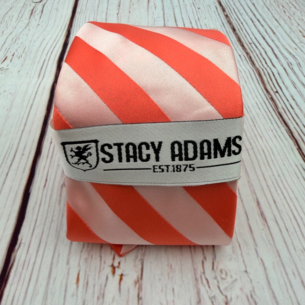 Stacy Adams Mens Necktie & Pocket Square Coral Pink Striped Microfiber Hand Made